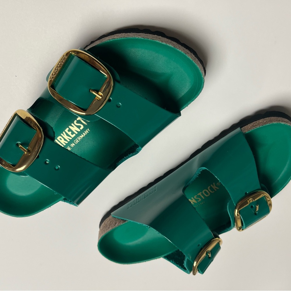 Birkenstock Emerald Sandals with Gold Accents